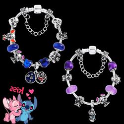 Disney Lilo & Stitch Jewelry Cartoon Charm Bracelet Women Luxurious Antique Silver Color Crystal Beads Bangle