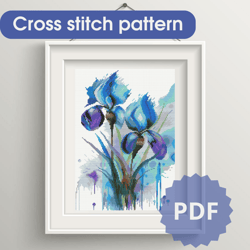 Cross stitch pattern Watercolor irises, cross stitch chart Watercolor flowers, PDF x stitch pattern, floral embroidery