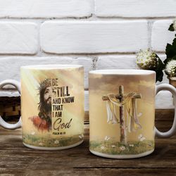 jesus coffee mugs, infinite halo, wooden cross, be still and know that i am god, christian coffee mugs, pastor gift