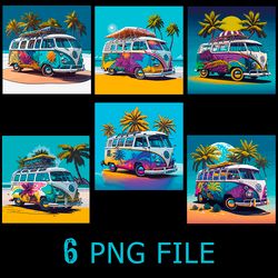 Mini Bus VW ON The Beach Vector Digital file 6 PNG files Sublimation Digital Vector File