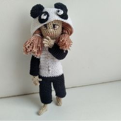 Crochet pattern: tiny panda Doll wire framework inside, pose-able doll