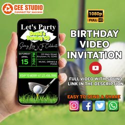 Fun Animated Golf Themed Video Birthday Party Invitation, Simple DIY Editable Template Send Via Text, Let's Par-tee Men