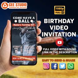 Animated Men's Baseball Themed Birthday Party Invitation, Simple DIY Editable Template Send Via Text, Come Have a Ball