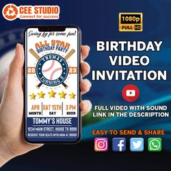 Blue & Red All-Star Baseball Vintage Ticket Birthday Party Video Invitation, We Edit It, You Share It on WhatsApp