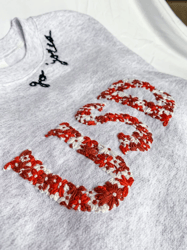Hand Embroidered Floral College Abbreviation Sweatshirt with Neckline Quote