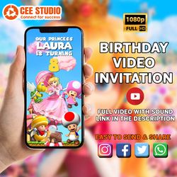 Princess Peach Mario invitation, Super Princess video invitation, animated invitation, Peach party