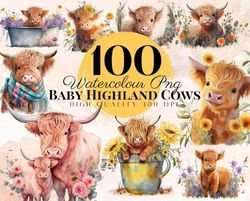 Highland cow png, watercolor clipart, highland cow baby, baby shower decor, baby animals