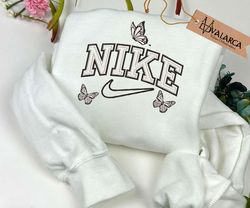 White Butterfly NIKE Brand Embroidered Sweatshirt, Brand Embroidered Crewneck, Custom Brand Embroidered Sweatshirt
