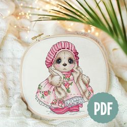 Pale Pink Dress Bunny Cross Stitch Pattern PDF, Rabbit Cross Stitch, Cute Animal Cross Stitch, Instant Download, Lolita