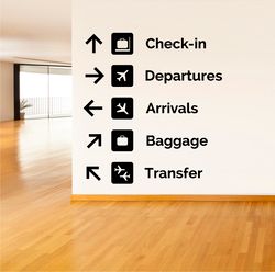 Airport Sticker, Check-In, Departures, Arrivals, Baggage, Transfer, Wall Sticker Vinyl Decal Mural Art Decor