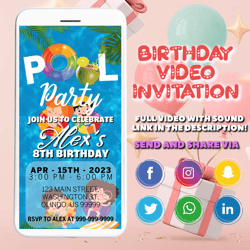Kids Animated Pool Party Birthday Invitation | Pool Birthday Evite Video | Pool Party Invitation | Canva Template
