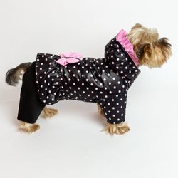 Trendy black handmade pink dotted design jumpsuit for small dogs. With a hood and a pink bow on the back.