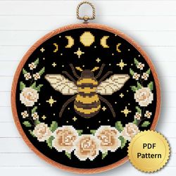 Cottagecore Bee with Flowers and Celestial Moon Cross Stitch Pattern