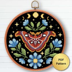 Cottagecore Atlas Moth with Flowers and Celestial Moon Cross Stitch Pattern