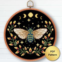 Cottagecore Cicade with Flowers and Celestial Moon Cross Stitch Pattern