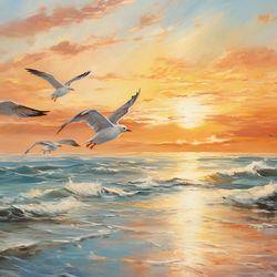 Flight of Freedom: Sun-Kissed Seagulls Soaring over the Azure Sea