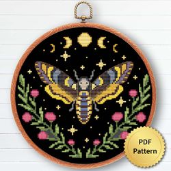 Cottagecore Dead Head Moth with Flowers and Celestial Moon Cross Stitch Pattern