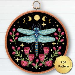 Cottagecore Dragonfly with Flowers and Celestial Moon Cross Stitch Pattern