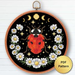 Cottagecore Lady Bug with Flowers and Celestial Moon Cross Stitch Pattern