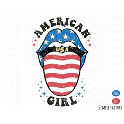 American Girl Png, Vintage American Girl Lip Tongue Png, 4th of July Png, Retro American Girl Lip Flag Tongue Sublimatio