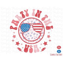 Vintage Party In The Usa Happy Face Png, Party In The Usa Png, 4th of July Png, Retro Smiley Face Party In The Usa Png S