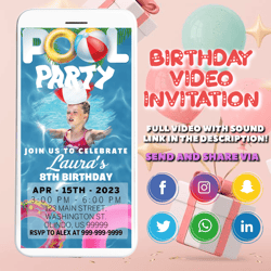 Animated Pool Party Birthday Invitation | Pool Birthday Evite Video | Pool Party Electronic Invitation | Canva Template