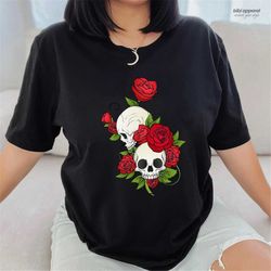 Bloom Skull Womens T-Shirt, Sugar Skull Art Tshirt Gift For Her, Floral Skull Print Boho Graphic Tee, Flower Skull Bella