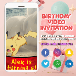 Pokemon Pikachu Video Invitation, Pokemon Pikachu Invite, Pokemon Pikachu Birthday, Personalized Video Invitation
