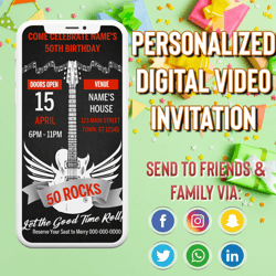 Animated Rock and Roll Themed Digital Birthday Party Invitation, Simple DIY Editable Template Send Via Text
