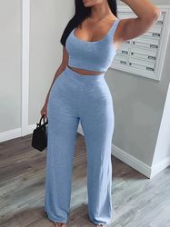 Casual 2 Pieces Set Cropped Sleeveless Tank Top & High Waist Pants Outfits Women's Clothing