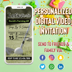 Animated Golf Themed Video Birthday Party Invitation, Simple DIY Editable Template Send Via Text, Let's Par-tee Men