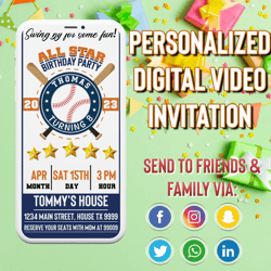 Blue & Red All-Star Baseball Vintage Ticket Birthday Party Video Invitation, We Edit It, You Share It on WhatsApp