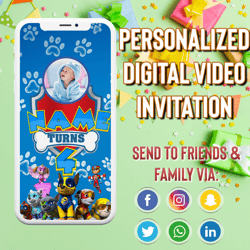 Paw patrol Birthday invitation, paw patrol video invitation, with free thank you tag, Animated Invitation, Digital Party
