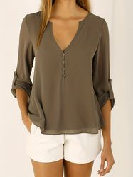 Casual Long Sleeve Button Shirt Solid Split Crew Neck Shirt Women's Clothing