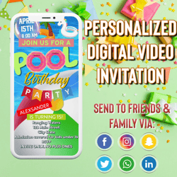 pool party video invitation, summer party video invite, canva template, digital invite, instant access, editable