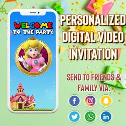 Princess Peach Video Invitation, Princess Peach Birthday invitation video, Super Mario Princess Birthday Video Invite