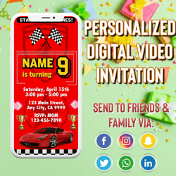 Cars Birthday Video Invitation, Digital Boy Cars Birthday Party, Animated Race Car Mobile Invite, Instant Download Race