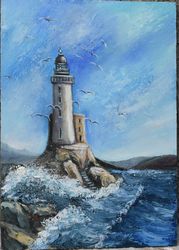 lighthouse at sea, oil painting. The original painting was painted with a brush and a palette knife.