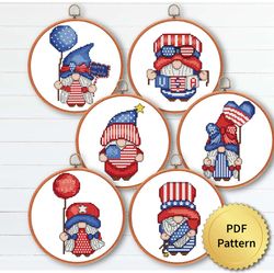 Set of Funny USA Patriot Gnomes Cross Stitch Pattern, Easy Cute 4th July America Independence Embroidery, Counted Chart