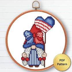 Funny USA Patriot Gnome Cross Stitch Pattern, Easy Cute 4th July America Independence Embroidery, Counted Chart, Modern