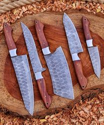 Handmade damascus chef set, handforged blade and wooden handle of chef set
