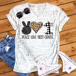 Peace Love 1st Grade Team Back To School First Grade Teacher Novelty Unisex V Neck Graphic Tee T-Shirt