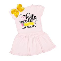 Hello Kindergarten Girls Ruffle Dress , Back To School Shirt , First Grade Shirt , First Day Of School