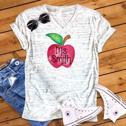 Watercolor Apple Personalized Back To School Teacher Novelty Graphic Unisex V Neck Graphic Tee T-Shirt