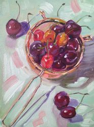 Cherries Still Life, Fruit Still Life Original Oil Painting