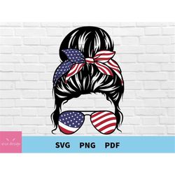 USA Mom Bun Svg, American Flag Messy Bun Svg, USA Shirt Design, Patriotic Messy Bun Svg, Png, American Flag Mom Life Svg