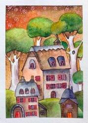 Houses painting Small Original watercolor graphic art Fantasy artwork Gallery wall art by Rubinova
