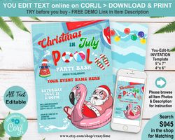 Editable Christmas in July Invitation. Santa Summer Pool Party Invite Template. Fun Birthday. All Text Editable You Edit