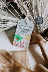 Tropical Christmas Gift Tag Template, Printable Summer Holiday Party Favor Tag, Warmest Wishes Tag, Beach Christmas Tags