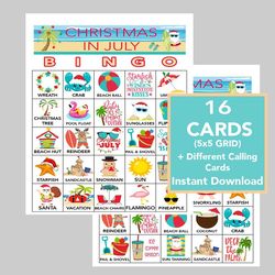 Christmas In July Game, Christmas in July Bingo, Party Game, For Adults and Kids,  Printable Games, Instant Download, 16